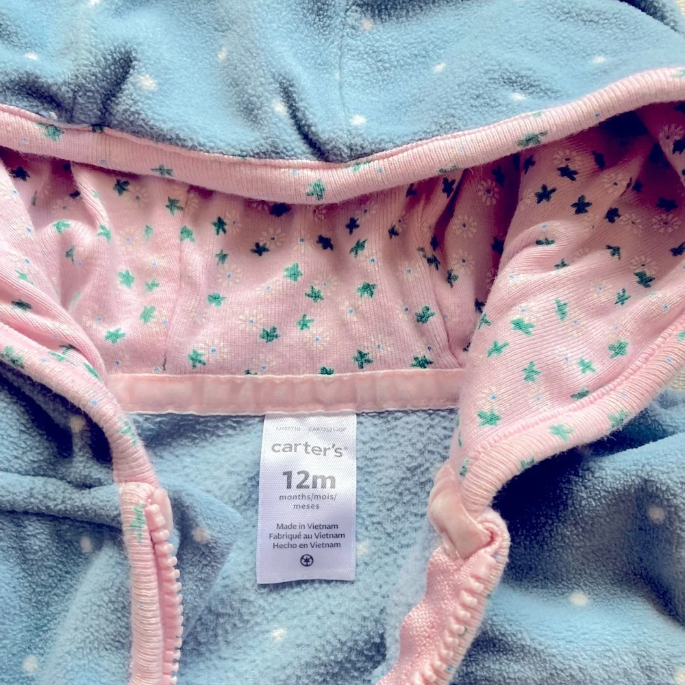 Carters Fleece Zip Up Jumpsuit 12M Blue Polka Dot Hooded Baby One‎ Piece